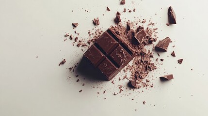 Fototapeta premium Crushed pieces of chocolate scattered around a square chocolate block on a white surface.