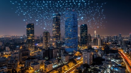 Obraz premium Tel Aviv Skyline at Night with Digital Network of Lights, Urban Connectivity, Innovation