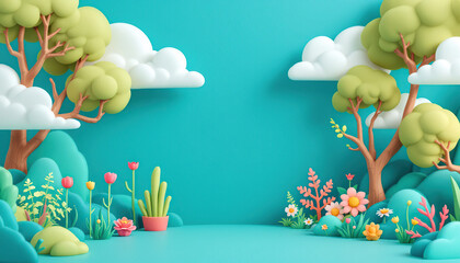Fototapeta premium Cartoon Trees Flowers And Clouds Spring Scene