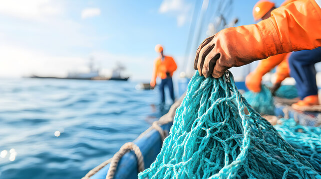 Fishermen in protective gear handle vibrant blue nets on fishing boat during catch. Maritime industry depends on skilled labor for seafood supply. Selective focus. Ideal for fishing and trade themes