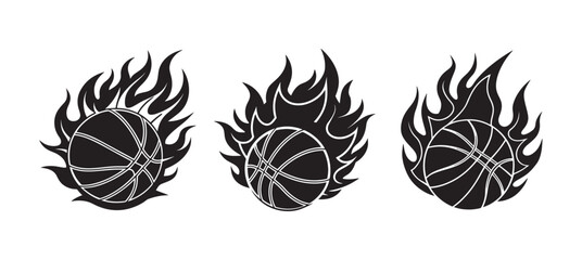 set of fire basketball silhouette, black and white silhouette, vector and illustration