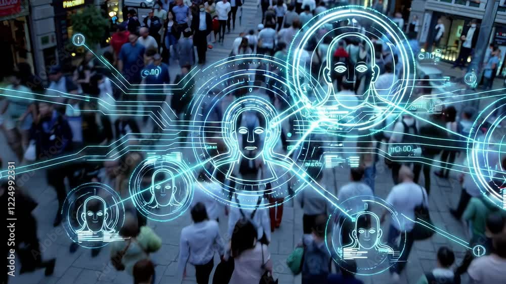 Poster advanced facial recognition technology scanning urban pedestrians, collecting biometric data and gen