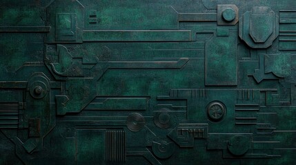 Abstract textured background with geometric patterns and a dark green color scheme evoking a futuristic theme