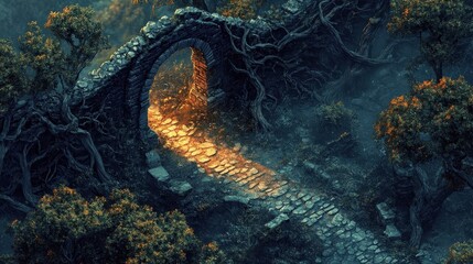A mystical forest path leads to a glowing ancient gate.
