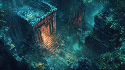 A mystical ruin in a decaying forest.