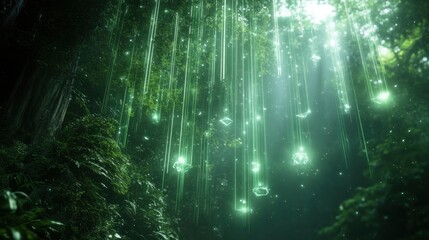 Fototapeta premium Enchanting mystical forest scene with ethereal green light beams cascading from above amidst lush vegetation