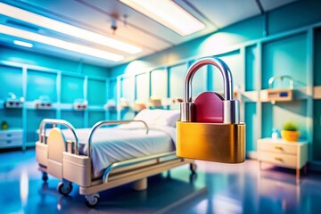 Fototapeta premium Tilt-Shift Photo: Digital Lock Protecting Hospital Bed, Patient Data Privacy