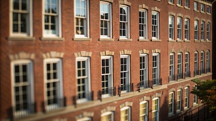 Fototapeta premium Tilt-Shift Photography: Harmonious Brick Building Facade with Windows in a Row
