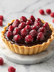 Raspberry tart with chocolate glaze on a marble surface.