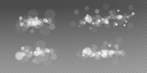 A set of four glowing white light effects with a bokeh effect on a transparent background. The lights have a soft, misty, and dreamy appearance, ideal for overlays in digital designs.
