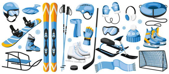 Winter sports equipment set featuring skis, snowboards, skates, helmets, and accessories on a white background. Winter activity concept. Vector illustration