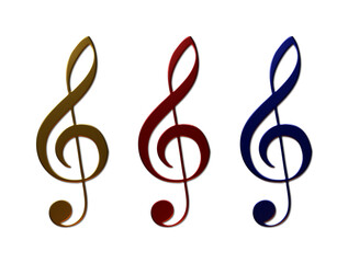 Fototapeta premium A set of 3 - 3D rendered illustrations of finish, metallic textured music treble cleft keys in gold, red and blue. Isolated on a white background.