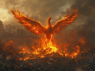 Magnificent Phoenix Rising from Flames Against Dark Sky and Urban Landscape, Symbol of Rebirth and Transformation