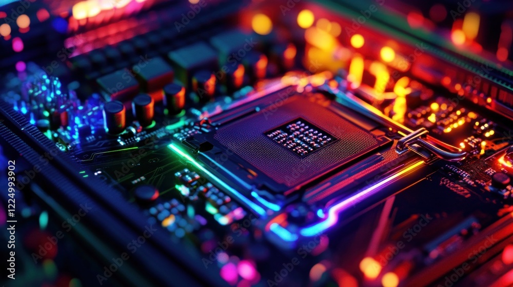 Poster a close-up view of a computer motherboard with its intricate circuits and glowing elements