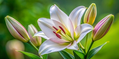 Fototapeta premium Timelapse of White Pinky Lily Budding Flower Blooming in Nature, Close-up Macro Photography