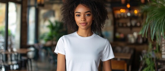 Fototapeta premium Portrait of a woman with curly hair wearing a white t shirt in a blurred background