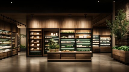 Modern and stylish interior of a wellness shop showcasing natural products and greenery elements throughout the space