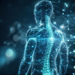 Futuristic digital visualization of the human spine and neural network, showcasing the connection between body and technology