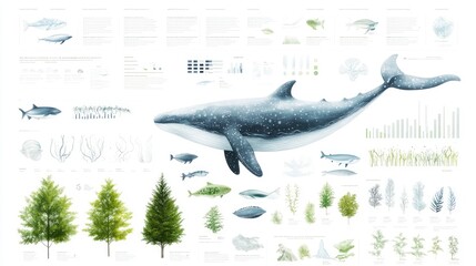 Naklejka premium An educational illustration showcasing marine life including a whale, fish, and underwater plants in a scientific layout.
