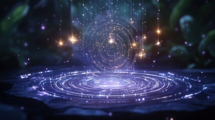 A captivating mystical scene featuring luminous energy swirling in concentric circles surrounded by soft, ethereal light and greenery