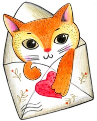 Obraz premium Cute illustration drawn with colored pencils and ink, a cute cat peeks out of an envelope, holding a heart in its paw.