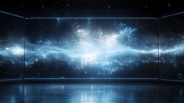 A mesmerizing cosmic display in a modern exhibition space featuring swirling galaxies and shimmering stars in a captivating universe