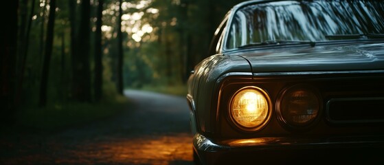 Classic Car on Forest Road at Dusk - Vintage Automobile Headlight Detail, Moody Photography