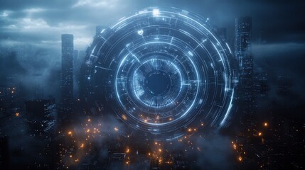 Fototapeta premium Futuristic cityscape featuring a glowing technological portal amidst towering skyscrapers and a moody atmosphere
