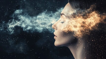 A serene woman exhaling cosmic dust, blending surrealism with a beautiful representation of creativity and imagination in a starry universe.