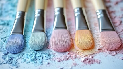 Fototapeta premium Collection of makeup brushes and powders arranged on a white background for beauty and cosmetics purposes