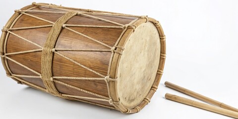 Traditional Asian Bamboo Drum Isolated on White Background - Stock Photo