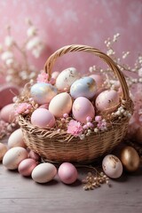 Basket Filled with Beautiful Easter Eggs in Soft Pink Color with Golden Accents