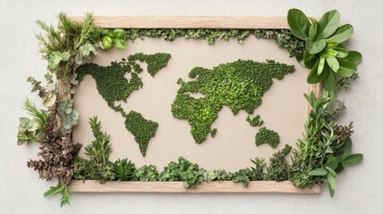 Green world map made of moss and herbs surrounded by various leafy plants in a natural wooden frame
