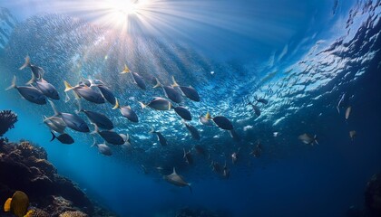 Obraz premium background with schools of fishblue, tropical, fish, aquatic, marin, ocean, background, fisherman, fishing, sea, water, aquarium, animal, food, nature, seafood, river, wildlife, underwater, hobby, fre