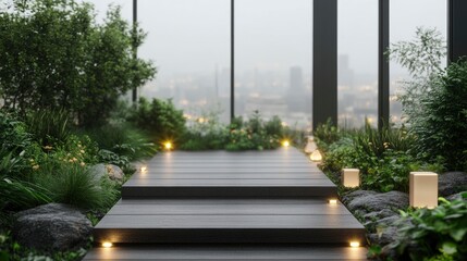 Obraz premium A serene rooftop garden pathway illuminated by soft lights amidst lush greenery and a moody city skyline