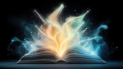 An open book surrounded by a mystical explosion of colorful light and ethereal wisps, symbolizing creativity and imagination.