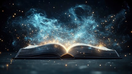 An open book releasing magical sparks and wisps of cosmic energy in a dark, enchanting setting
