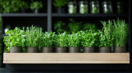 Luxurious indoor herb garden featuring vibrant green herbs in stylish pots arranged on a wooden planter against a neatly organized shelf.