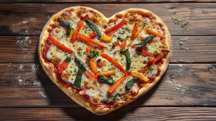 A heart-shaped pizza topped with vibrant vegetables and melted cheese, placed on a rustic wooden table, with a hint of herbs sprinkled on top
