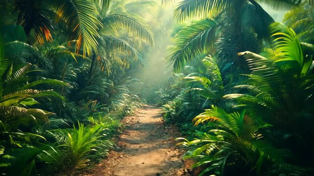 Lush tropical path winding through vibrant foliage in a serene jungle setting during golden hour light