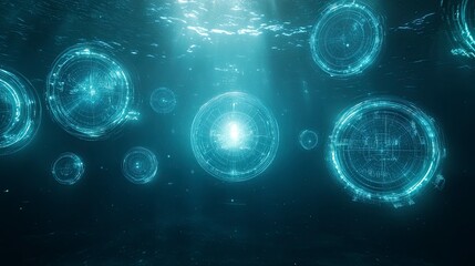 Mysterious underwater scene with glowing circular patterns and shafts of light illuminating serene ocean depths