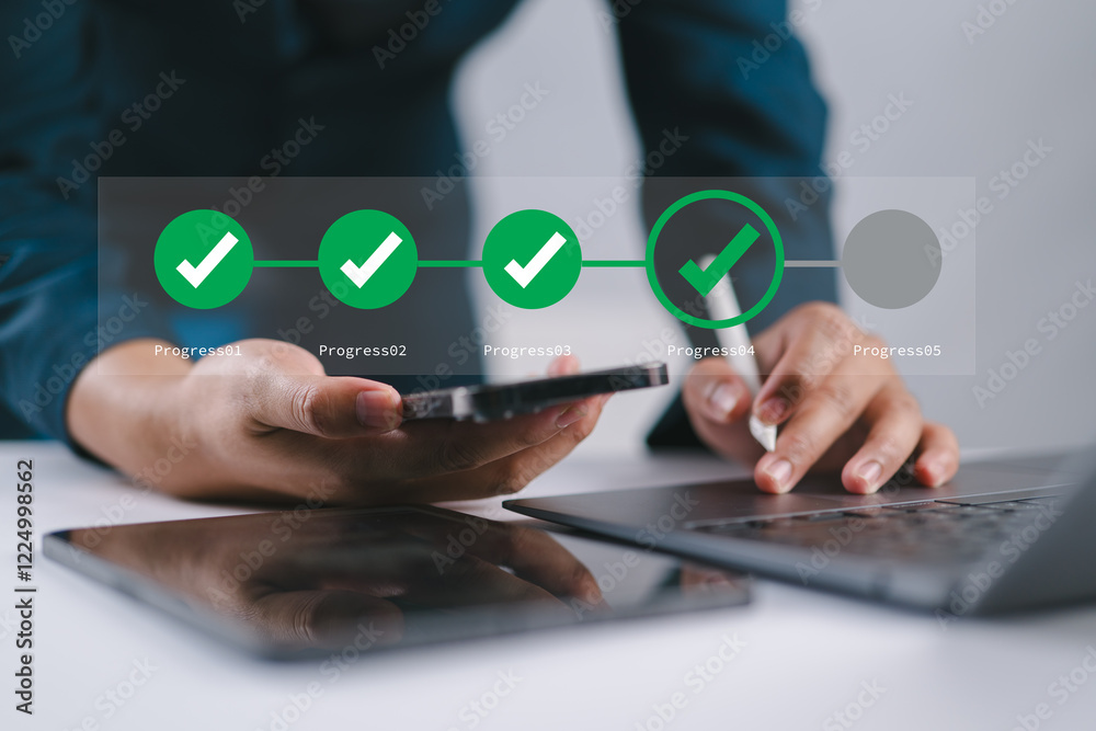 Poster Corporate Progress and Task Management. Businessman Engaging with Mobile Interface Featuring Digital Check Marks, Highlighting Efficient Planning, Data Tracking, and Workflow Success