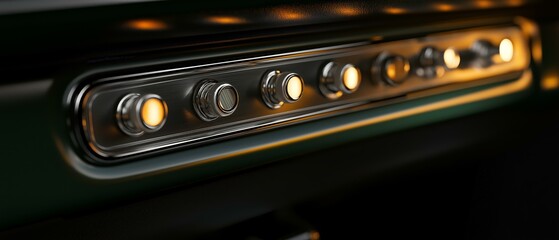 Classic Car Dashboard Detail: Illuminated Control Panel with Warm Amber Lights - Vintage Automotive Interior Photography