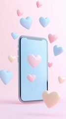 Floating hearts emanating from smartphone screen on pastel background – concept of love, connection, and digital romance communication