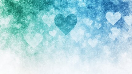 A beautiful textured background featuring a range of blue and green gradients, adorned with soft, transparent hearts creating a whimsical atmosphere.