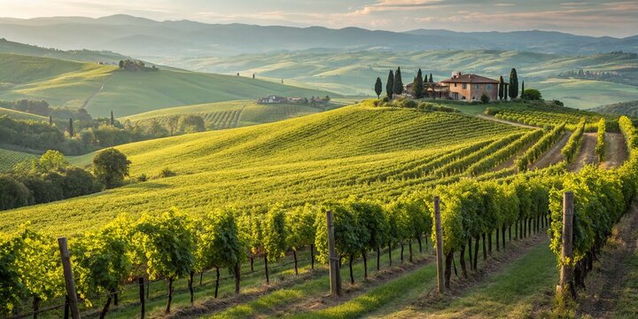 Tuscan Vineyard Landscape: Rolling Hills, Green Vines & Farmhouse