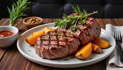 Perfectly seared alpaca steak garnished with fresh rosemary and served with sweet potato wedges on rustic table