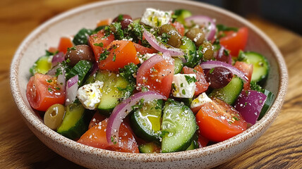 A bowl of Greek salad with vegetables and feta cheese.