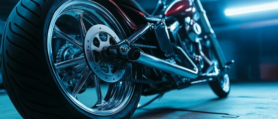 Obraz premium Close-up of Chrome Motorcycle Wheel and Rear Axle - Blue Neon Garage Setting