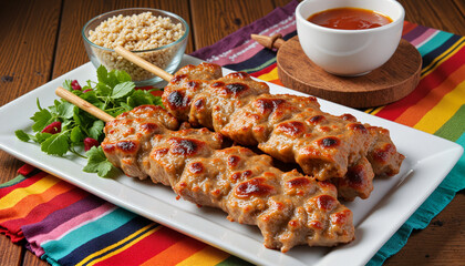 Grilled alpaca meat skewers marinated in spices served with quinoa salad, vibrant atmosphere